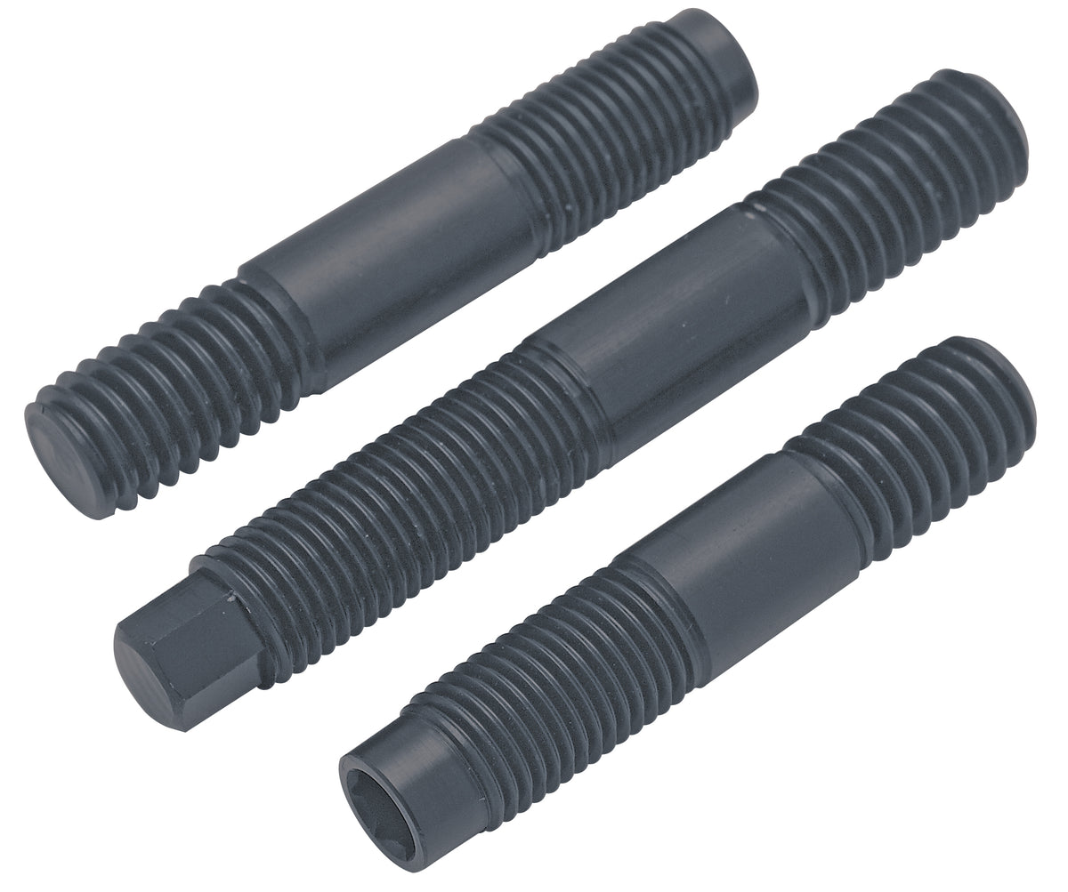 Aluminum Blower Studs. The 7/16 x 2 1/4 & 7/16 x 2 1/2 have a 7/32 allen broach made from 2024 Aluminum. The 7/16 x 3 1/4 has a 5/16 hex made from 2024 Aluminum. All studs are black anodized. Used by the top teams in Alcohol and Top Fuel.