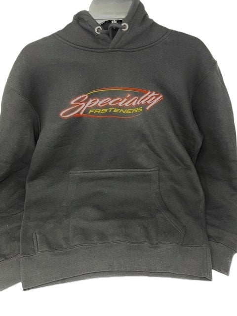Specialty Fasteners black pullover logo hoodie.